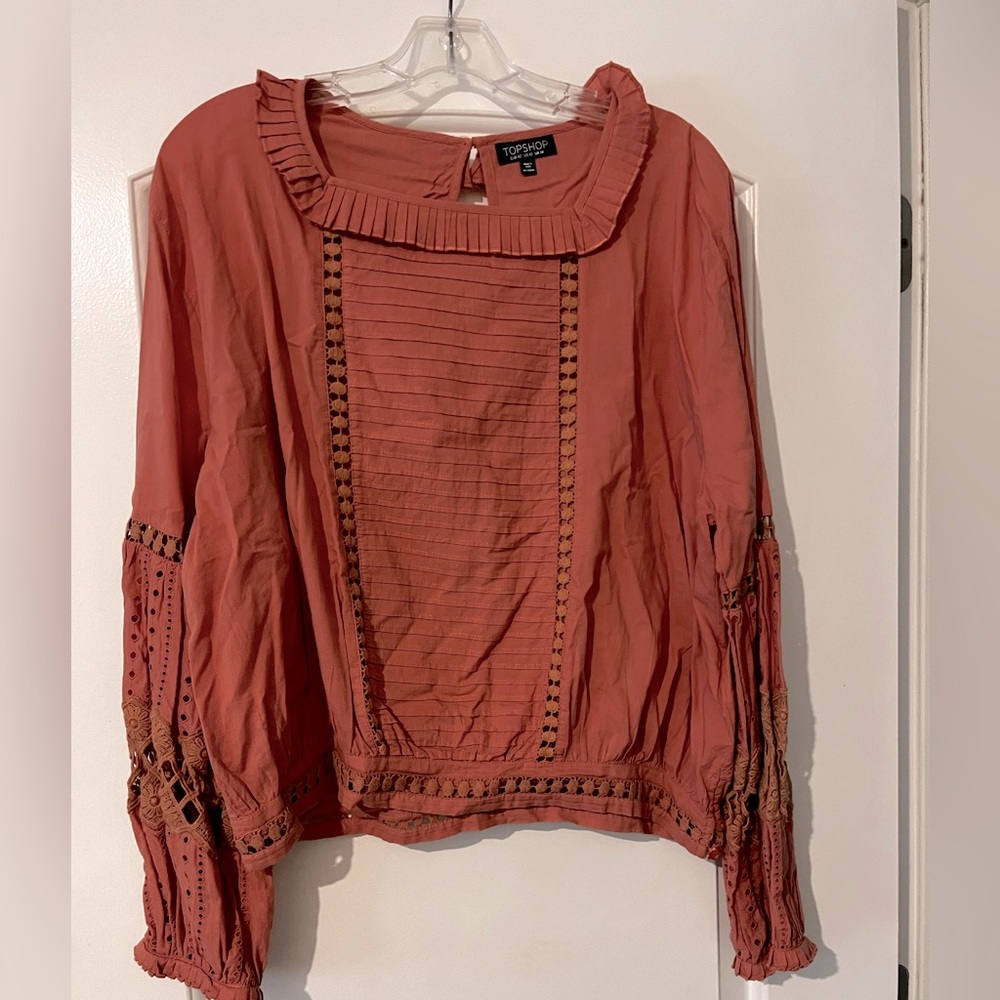 Topshop Dusty rosy peach Puff Sleeve Cropped Blouse, Size 10